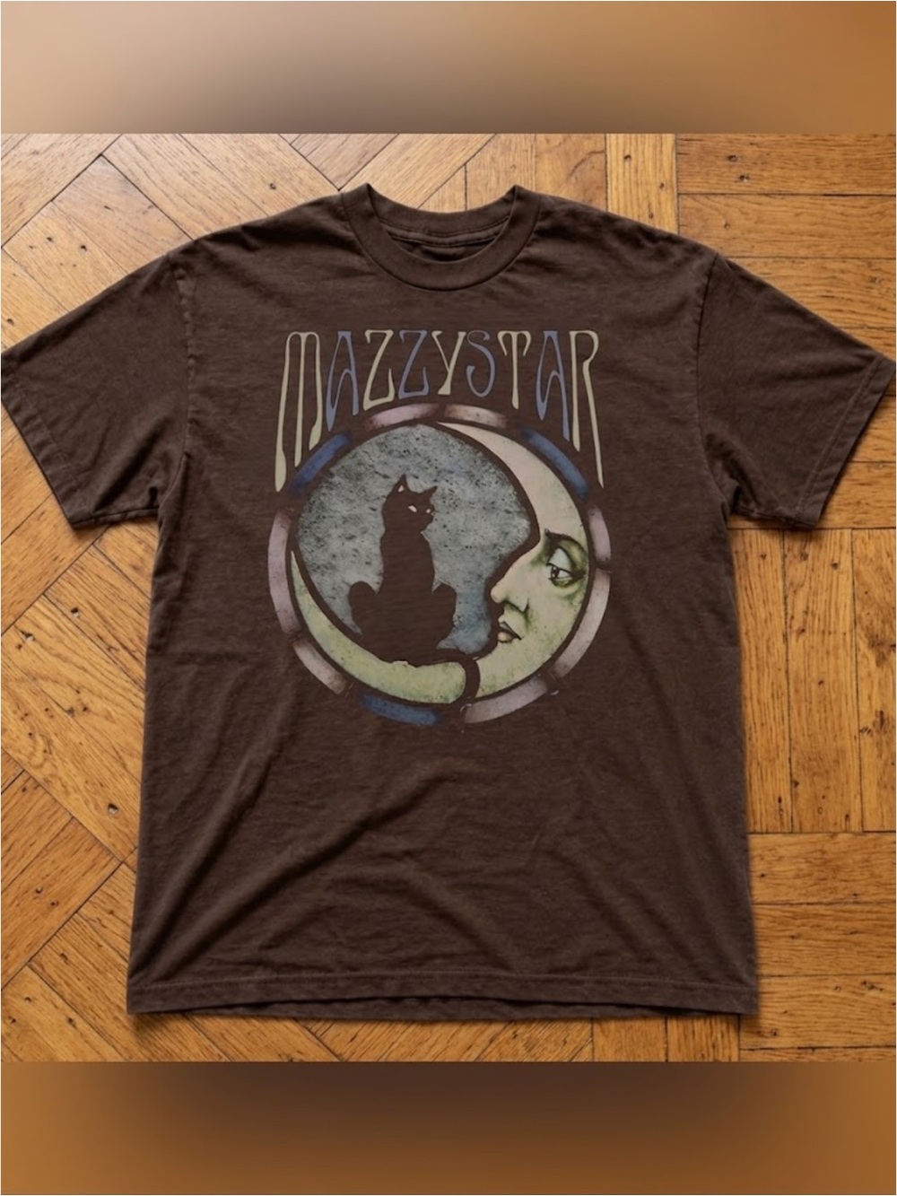 Gildan Brown Graphic Tee with Cat and Moon Artwork